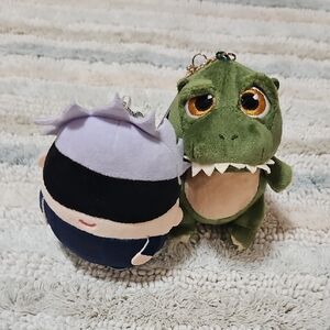 Cute Green Dinosaur Plush‎ Keychain, Gold Tone Chain, Dino Stuffed Animal 2 PCS